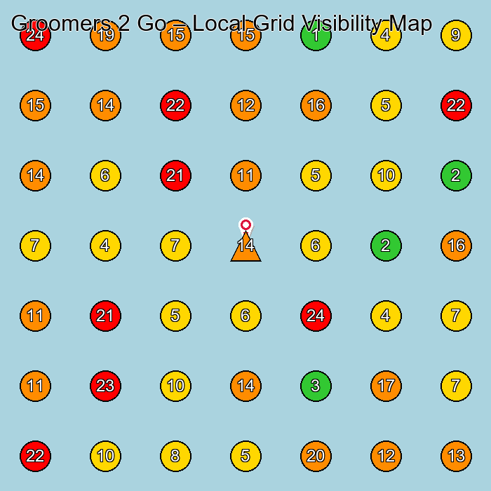 Groomers 2 Go Pet Groomer GeoGrid ranking map for None